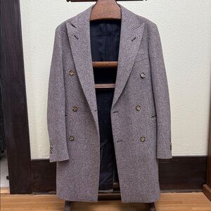 Double-Breasted Herringbone Coat - Brown